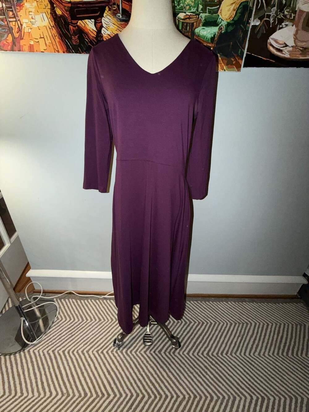 Pact Women's Organic Cotton Fit & Flare Midi Dress in Plum size L NWT